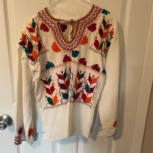 Long Sleeve Mexican Top with Red, Orange, and Green Embroidery